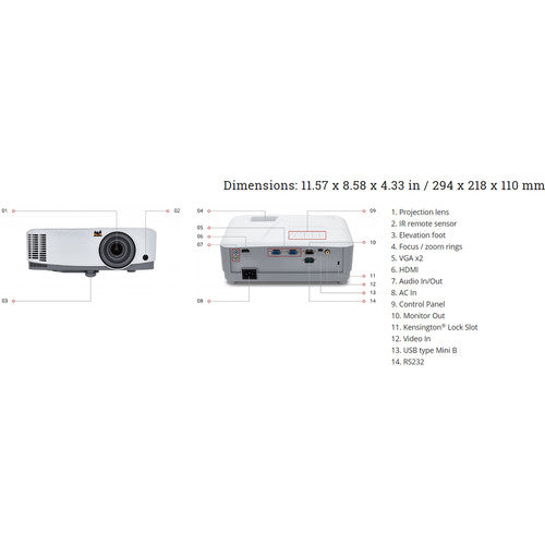 ViewSonic PA503S SVGA DLP 800x600 3600lm 2200:1 HDMI VGA In Out mUSB RS232